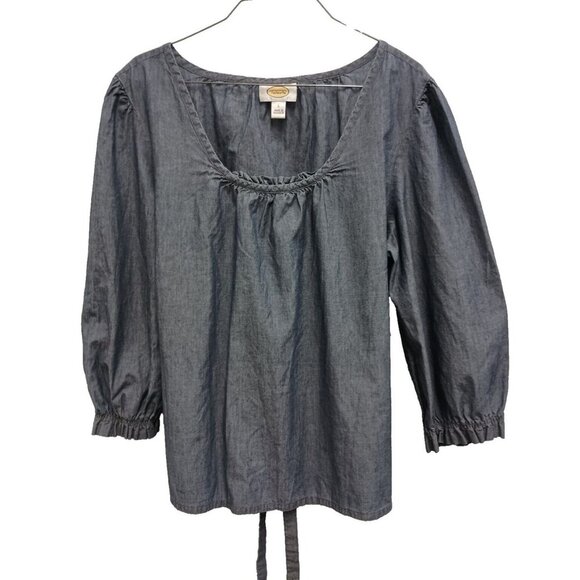 Talbots Tops - Talbots Womens Blouse Size Large Blue Chambray Tie Back 3/4 Sleeve Cotton Casual